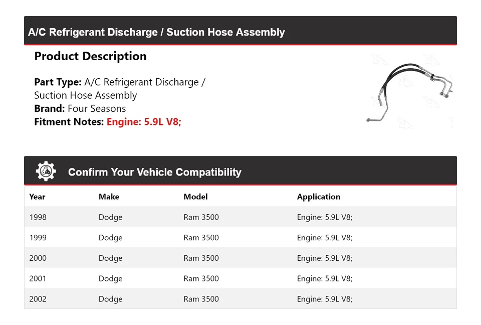 Conjunto de manguera de línea de succión de descarga para Dodge Ram 3500 1998-02 4 estaciones 1999 Foto 2 de 4