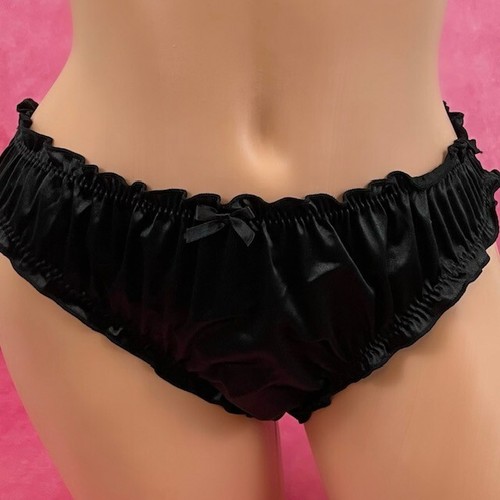 Glossy Brief Panties Silky Black Ruffle Shiny Glam Sissy Knickers Women's XL