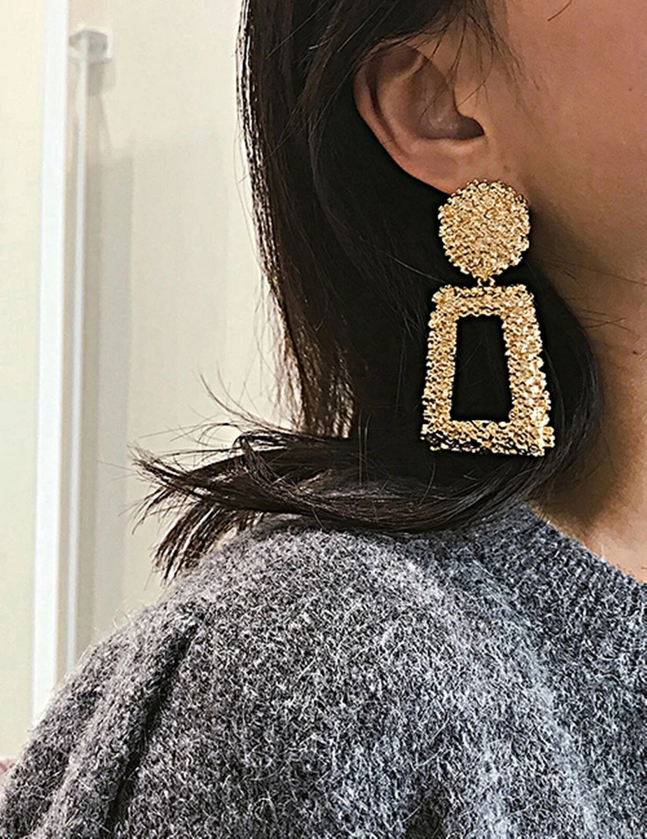 Gold Chunky Textured Square Drop Door Knocker Earrings Women Jewellery