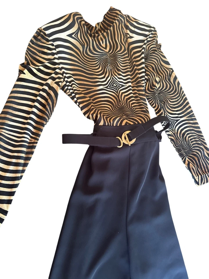 Cache Zebra Print Top & High-Waisted Black Wide-Leg Jumpsuit Size 12 Vintage 90s - Image 2 of 4