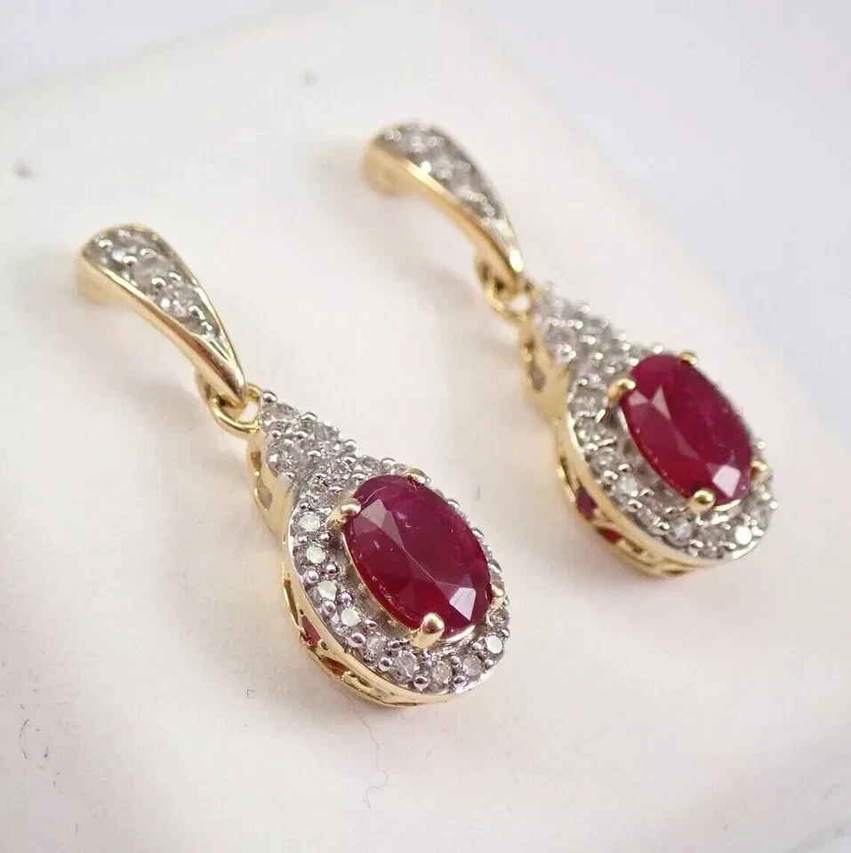 3Ct Oval Cut Lab-Created Ruby Halo Drop Dangle Earrings 14K Yellow Gold Plated - Image 3 of 4