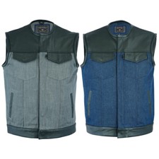 Men's Premium Leather Denim Motorcycle Vest Conceal Bike Ride Waistcoat