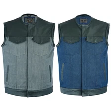 Men's Premium Leather Denim Motorcycle Vest Conceal Bike Ride Waistcoat