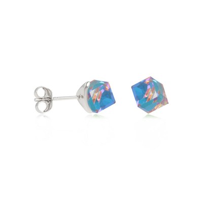 Boucles D'oreilles Puces Cristal Cube Facetté - Argent 925 Rhodié, Zirconia Cubique Rouge, Neuf Avec étiquettes