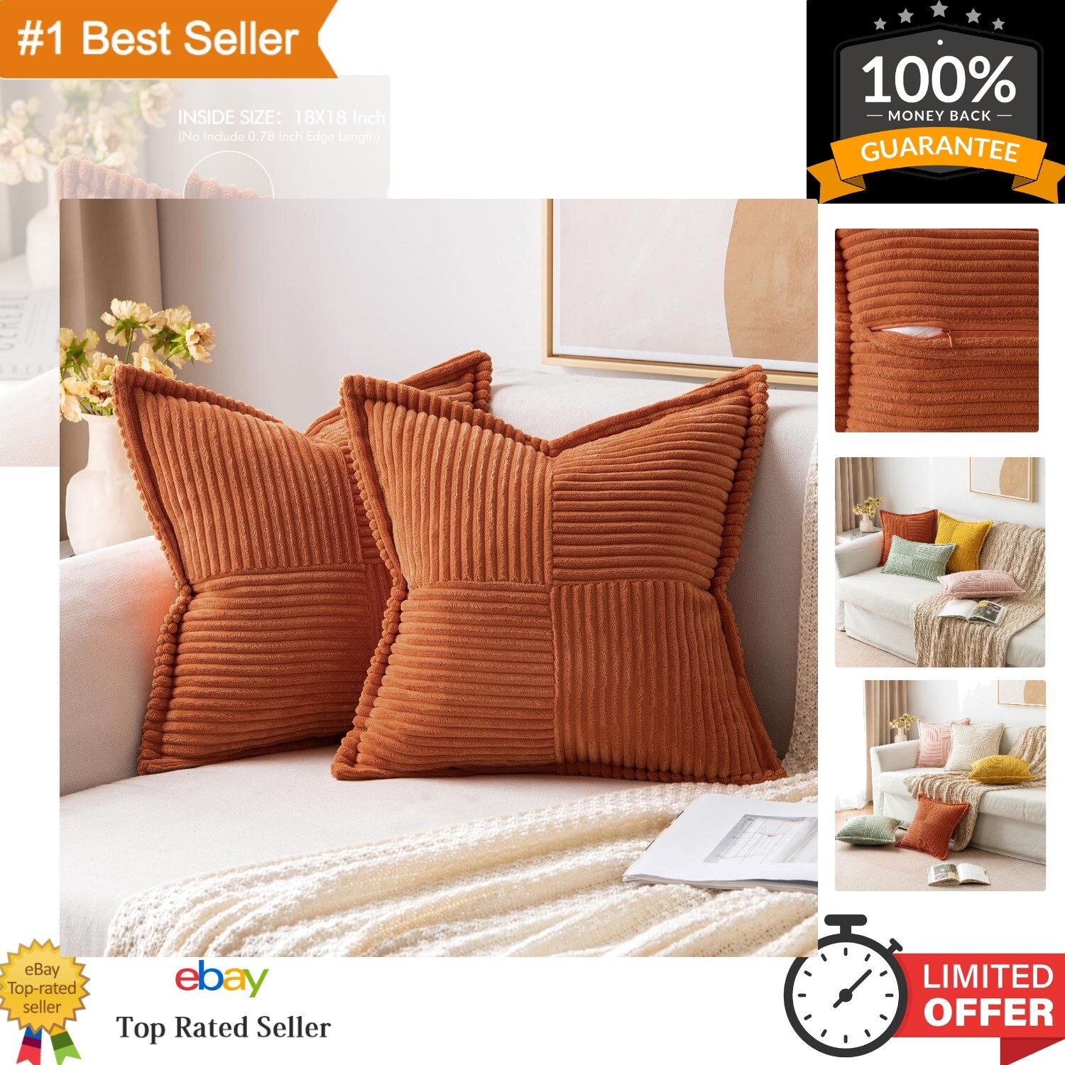Rust Pillow Covers 18x18 Inch with Splicing Set of 2 Super Soft Boho Striped ...-image
