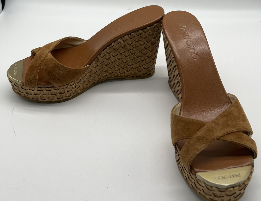 Jimmy Choo Brown Wedge Mules Jimmy Choo Brown Suede Strappy Mule