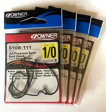 *25% OFF RETAIL* Owner 5108 All Purpose Soft Bait Hook 4 Packs  SELECT YOUR SIZE