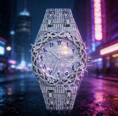 Men s Quartz Iced Out Moissanite Stone Watch - Diamond Encrusted Strap
