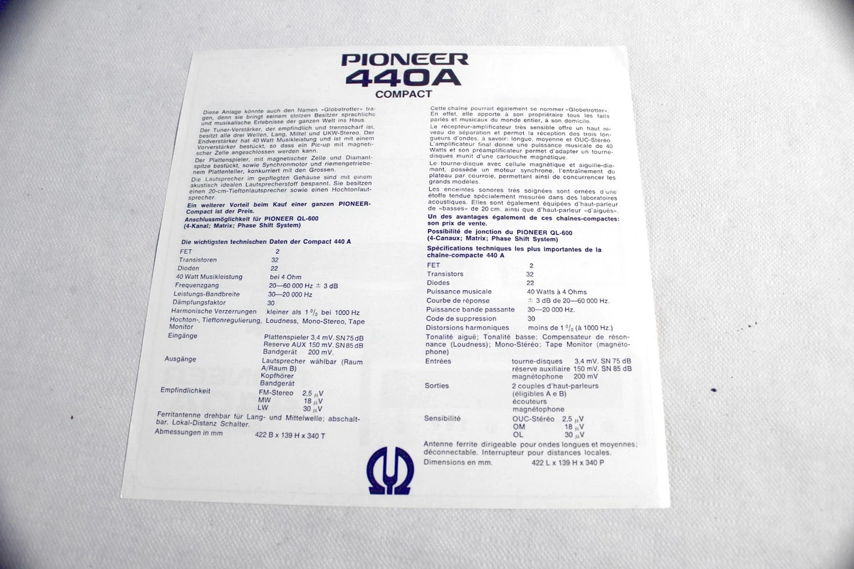 Originale Werbung / Datenblatt: Receiver PIONEER 440A COMPACT von 1972
