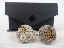 New Boxed Handmade Cufflinks Watch Movement Gears Vintage Round Steampunk