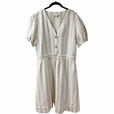 Coastal Neutral Quiet Luxury Loft Striped Linen Dress SZ 14 Beige Summer Pockets