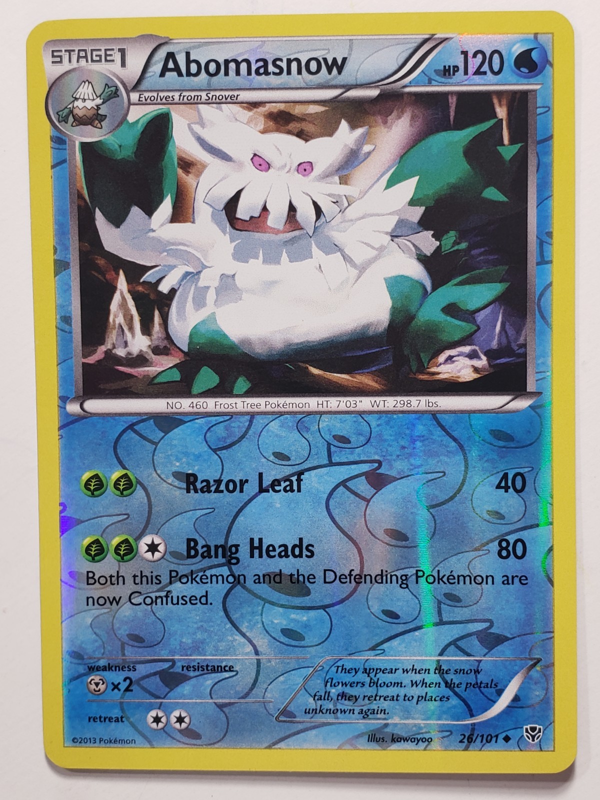 REVERSE HOLO Abomasnow 26/101 LP / VLP - Plasma Blast Pokemon Card kawayoo Art