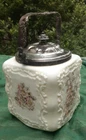 ANTIQUE MILKGLASS  WAVECREST? VICTORIAN BISCUIT JAR - SILVERPLATE LID & HANDLE