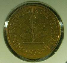 WORLD COIN SALE--1976-F  GERMANY  5 PFENNIG-BRASS PLATED STEEL COIN-KM# 107