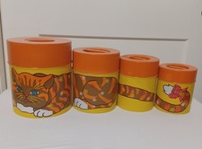 RARE & Super Cool Vintage MCM Metal Kitchen Canisters Cat Motif, Nesting 60s-70s