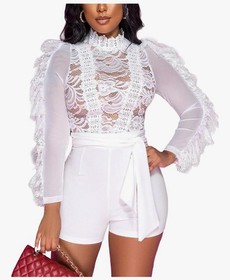 MKQW Women&rsquo;s Size Small Lace Ruffled Long Sleeve Mesh Clubwear Romper in White