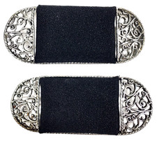 Vintage MUSI Shoe Clips Art Deco Silver Tone Black Grosgrain Ribbon Pair