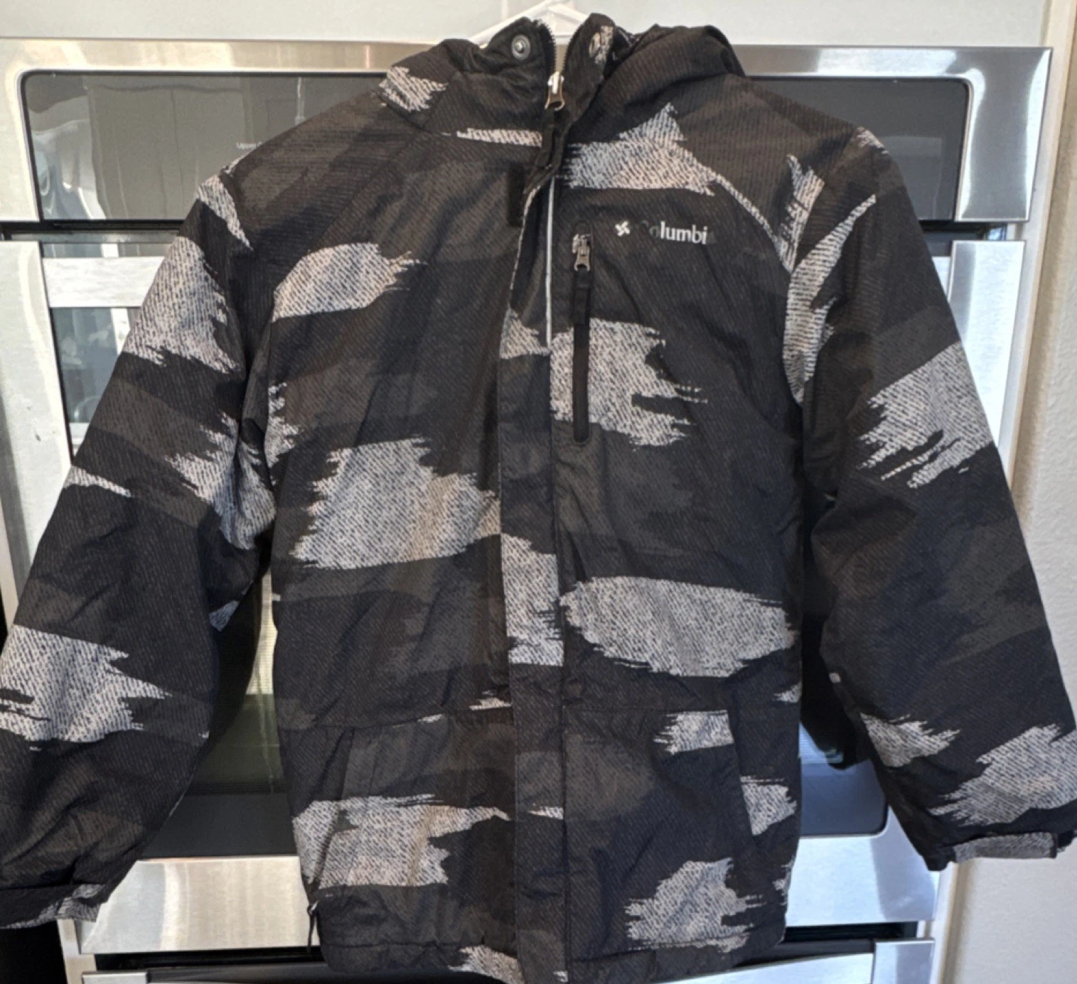 Columbia Unisex Kids Ski Jacket M (10/12) Black Gray White Hooded Geometric