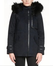 Maje Gamaso Parka Coat Fur Hood Leather Trim Size 36 Small $915 Midnight Blue