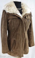 Fitz-wright Womens Faux Fur Suede Leather Car Coat Warm Jacket Hood Zip Sz S Vtg