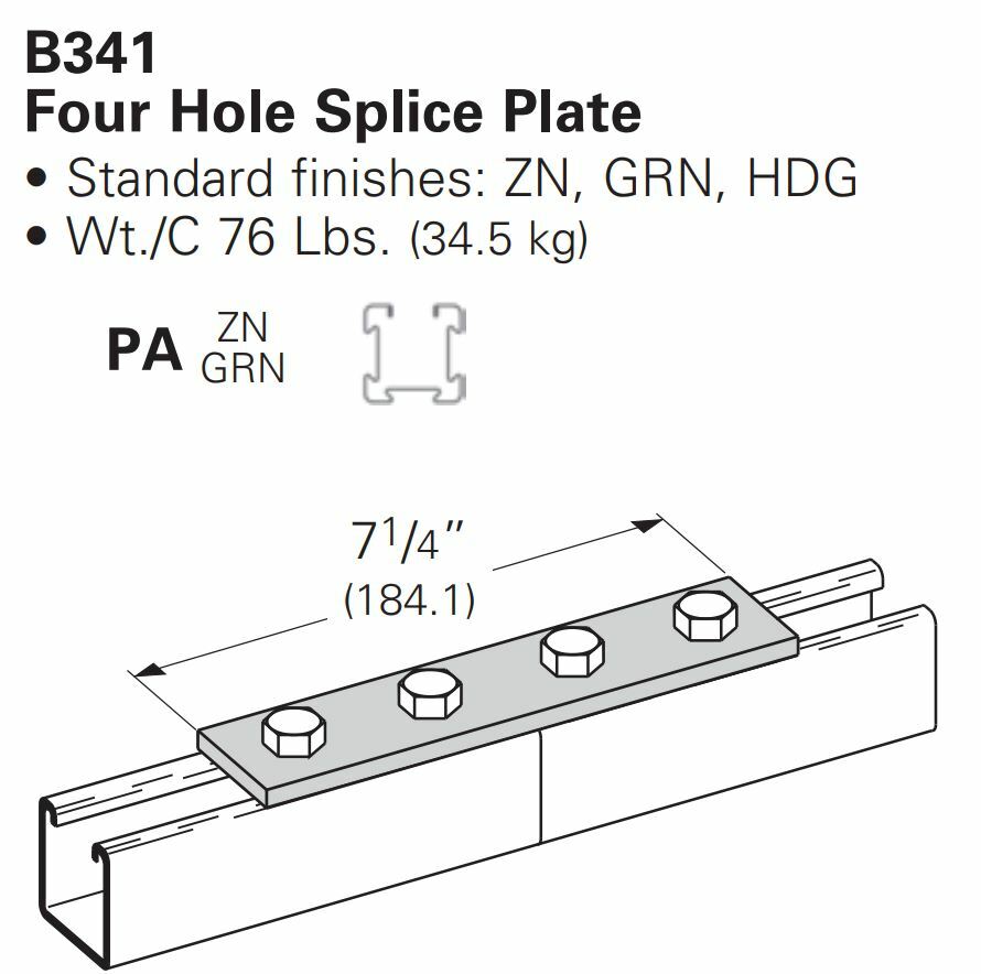 B-Line B341ZN 4-Hole Flat Splice Plate Zinc Strut Connector