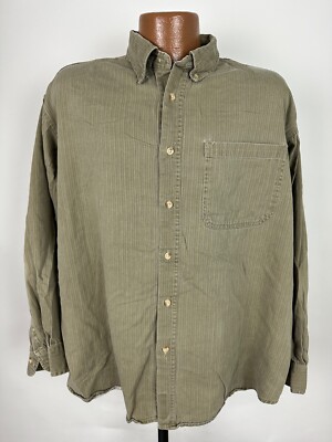Vintage 90s Herringbone Shirt Men XL Beige Long Sleeve Midweight Route 66 FLAW
