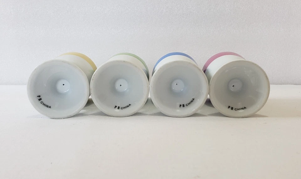 Pottery Barn Egg Cups 3 3/8" Yellow Green Pink Blue Band Coquetiers Original Box - Image 4 of 4