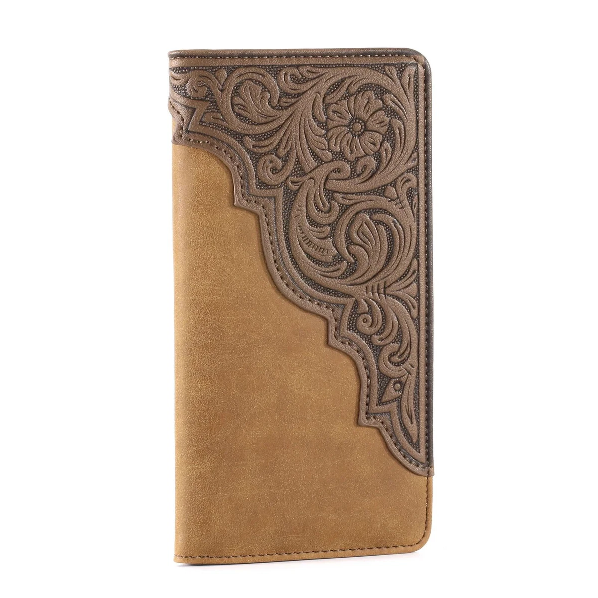 Embossed Floral Men's Bifold Long Wallet Faux Leather Cowboy