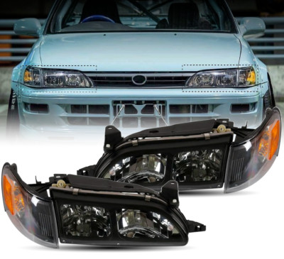 Fits 1993-1997 Toyota Corolla DX Black Housing Headlights W/Corners LH+RH