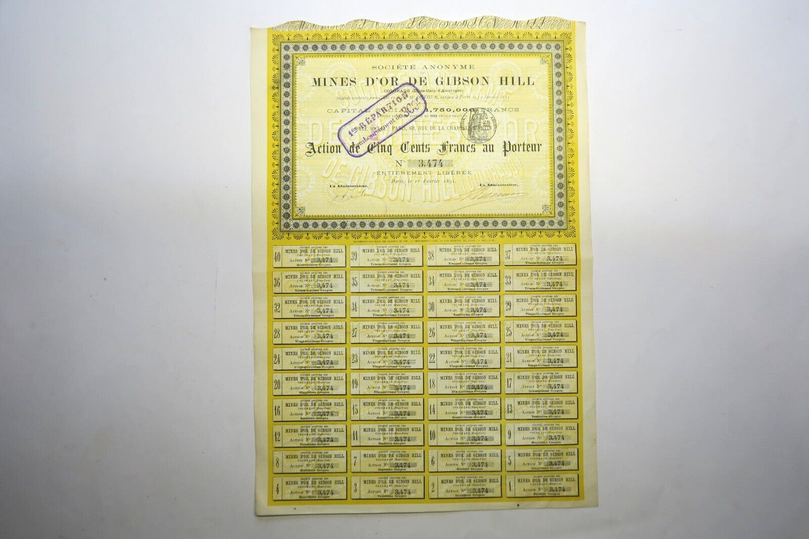 SOCIETE DES MINES D OR DE GIBSON HILL ACTION DE 500 FRANCS PARIS 1891