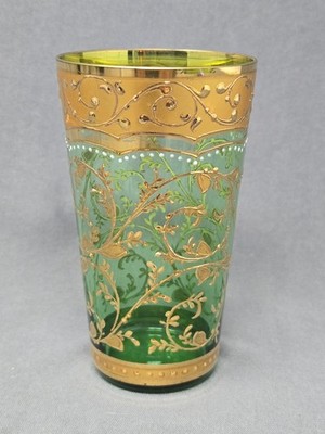 Signed Moser Bohemian Green Juice Glass Heavy Gold and Enamel
