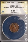 1922-D Lincoln Wheat Cent- ANACS F-15- Weak D Die 3- Corroded #SLM414