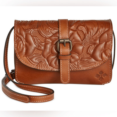 Patricia Nash- Torri Leather Flap Crossbody Burnished Tooled Bag Brass Fixture