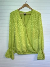 I.N.C. Womens Top Size Large, Leopard Print Lime Green/Yellow Ruffles