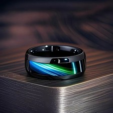 Men-Women Stainless Steel Ring Blue Tiger Eye Stone Patch Black Jewelry 7-13mm