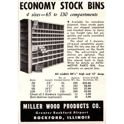 #ad #ad Miller Wood Products Co. Economy Stock Bins Rockford IL 1957 Ad SAI2 H11 $13.50