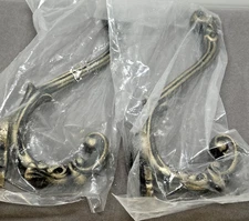 2 pc Cast Iron Metal Wall Hooks Decorative French Slender Floral Finish w Screws