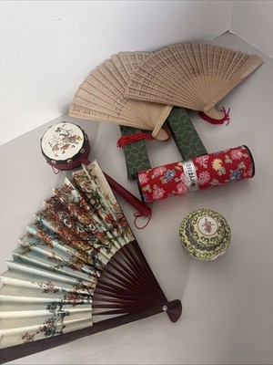 Asian Decor Lot Fans Kaledescope Drum Trinket Jar Oriental Chinese Japan Display