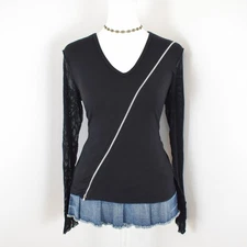 VTG 00s Y2K Mall Goth Bongo Black w/ Fishnet Mesh Flared Sleeves & Zipper Top