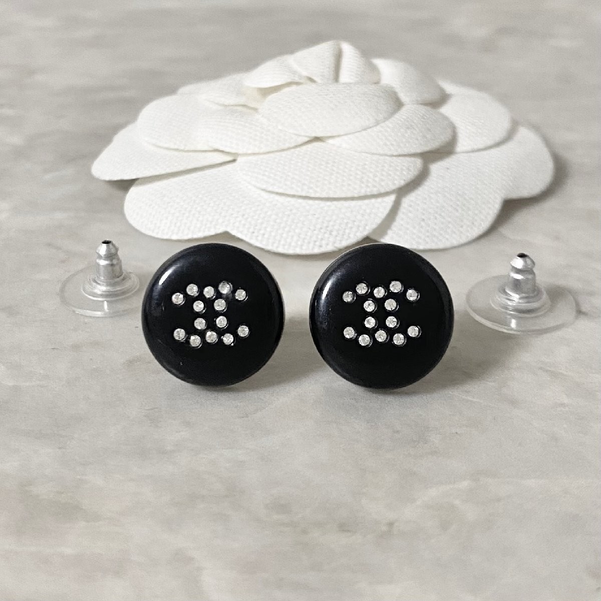 CHANEL Coco Mark Black Rhinestone Stud Earrings 14mm MM01-image