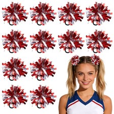 12 Pcs 4" Pom Poms Cheerleading, Cheering Elastic Hair Ties Red