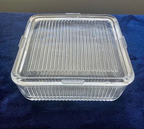 Vintage Federal Glass Large Clear Refrigerator Square Dish w/ Lid 8.5" *Read*
