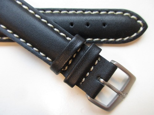 Black plain "white stitched edges" 19 MM leather watch band strap
