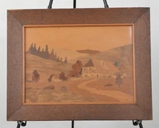 Signed & Framed W. König Wood Inlay Depiction House in Mountains 17" x 13.25"