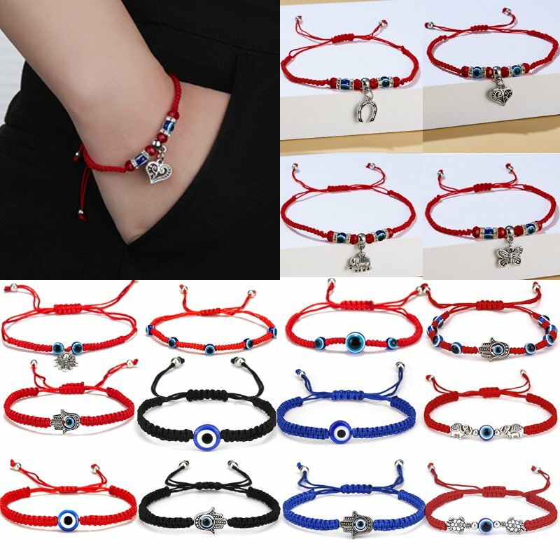 Pulsera ajustable trenzada hecha a mano con cordón rojo mal de ojo azul cuerda de la suerte al por mayor