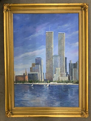 Mid Century Impressionist Painting New York Lower Manhattan View