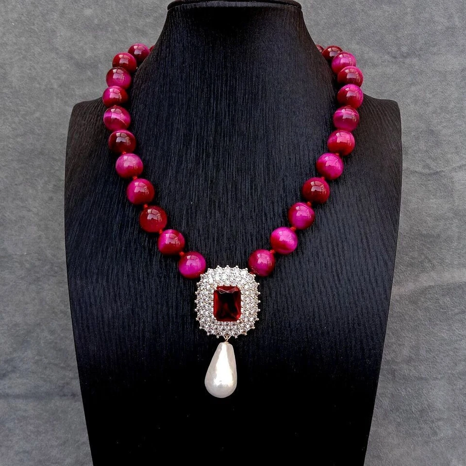 Collar 14mm Fucsia Ojo de Tigre 16x26mm Circonita Pavé Blanco Concha Perla Colgante Foto 3 de 4