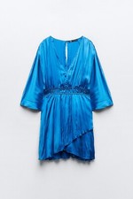 Zara Womens Short Romper Jumpsuit Dress M Blue Satin Effect Vneck 9878/233 NWT