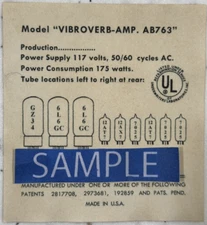 Vintage Blackface VIBROVERB  AMP AB763 Replacement Tube Chart 1964  FEIC