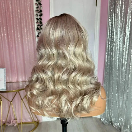 16 Zoll Ombre Aschblond Welle Echthaar Lace Front Perücken 13 x4 dunkle Wurzeln - Bild 4 von 5